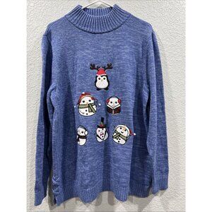 CJ Banks Sweater Womens 14W Blue Mock Neck Christmas Embroidered Snowman Winter